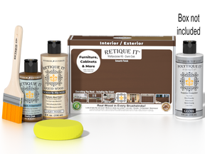 Retique It® Dark Oak exterior wood finish kit with gloss top coat, includes applicator tools and protective packaging.