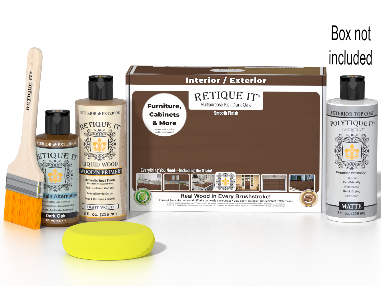Retique It® Multi-purpose Smooth Finish Kit in Dark Oak for exterior top coat, featuring wood finish components and applicator tools.