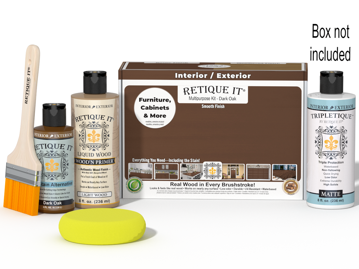 Retique It® Multi-purpose Smooth Finish Kit in Dark Oak for interior wood, includes top coat and matte finish, with packaging box.
