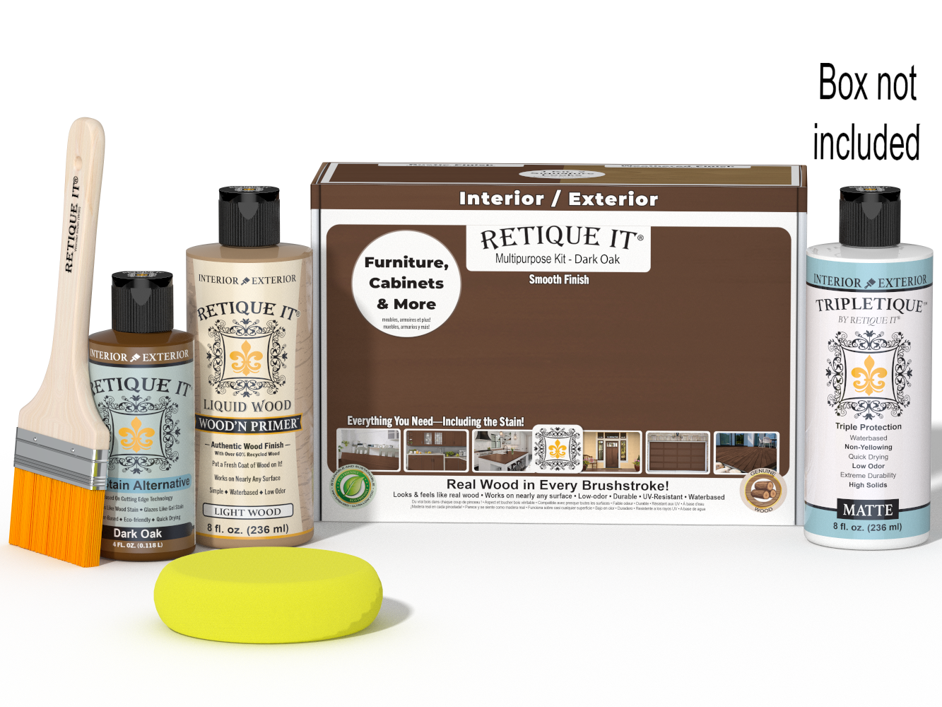 Retique It® Multi-purpose Smooth Finish Kit in Dark Oak for interior wood, includes top coat and matte finish, with packaging box.