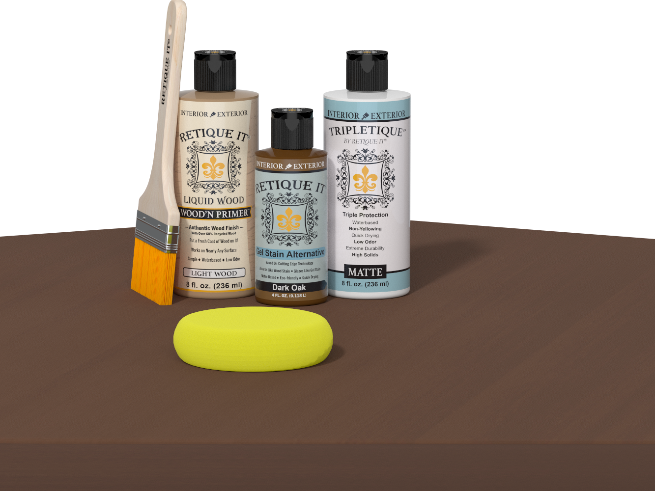 Dark Oak wood finish kit by Retique It® for interior top coat, showing a smooth, multi-purpose wood finish application.
