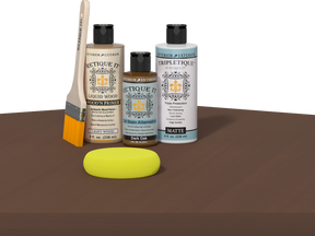 Dark Oak wood finish kit by Retique It® for interior top coat, showing a smooth, multi-purpose wood finish application.
