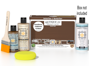 Retique It® Multi-purpose Smooth Finish Kit in Dark Oak for interior wood projects, with top coat and applicator tools in the box.
