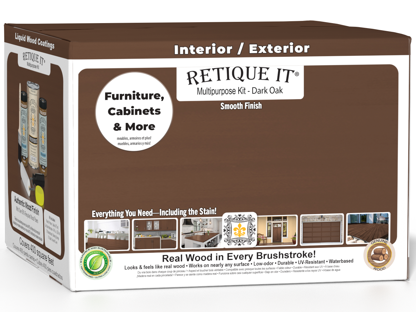 Retique It® Multi-purpose Smooth Wood'n Finish Kit in Dark Oak with four large exterior top coat bottles, shown in a box.