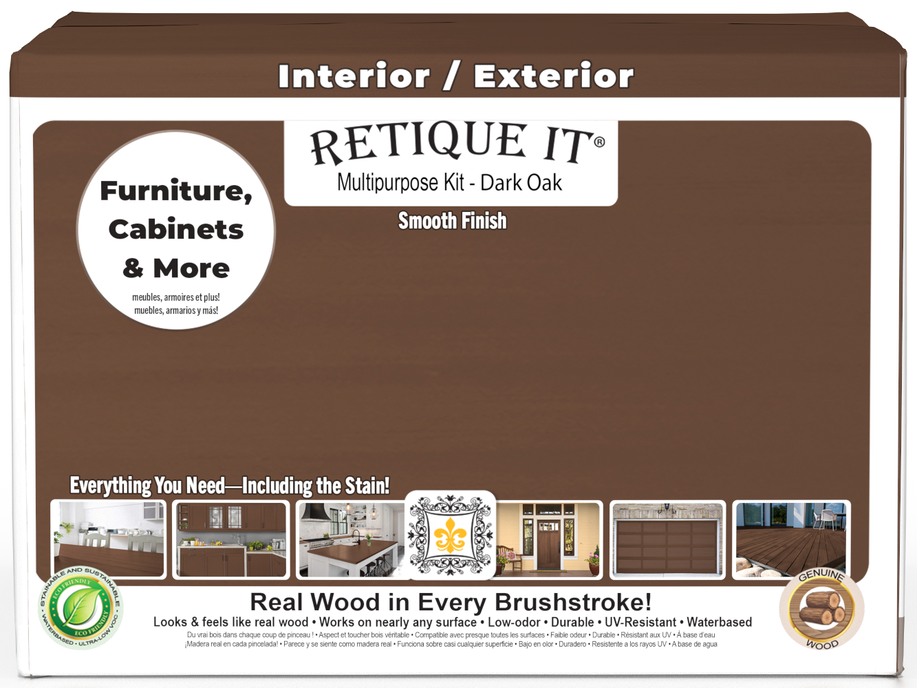 Retique It® Multi-purpose Smooth Wood'n Finish Kit in Dark Oak for exterior wood projects, includes four large bottles in a box.