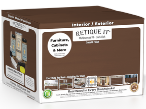 Retique It® Multi-purpose Smooth Wood'n Finish Kit in Dark Oak with four large exterior top coat bottles and application tools.