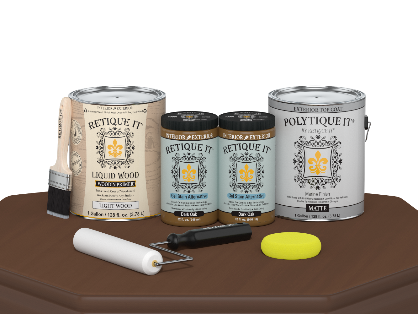 Retique It® Multi-purpose Smooth Wood'n Finish Kit in Dark Oak, exterior top coat with matte finish, includes four large bottles.
