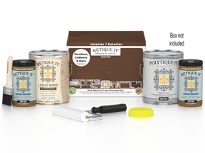 Retique It® Wood'n Finish Kit in Dark Oak with four large containers, exterior top coat for smooth wood finishing.