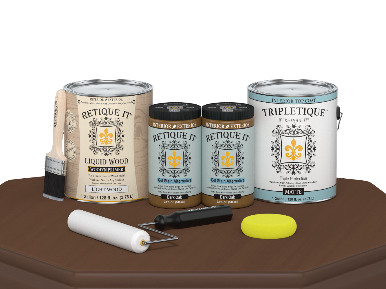 Retique It® Multi-purpose Smooth Finish Kit in Dark Oak for interior wood tops, includes four large top coat bottles with matte finish.