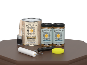 Retique It® Multi-purpose Smooth Wood'n Finish Kit in Dark Oak, 4-piece set, includes wood finishing tools on a table surface.