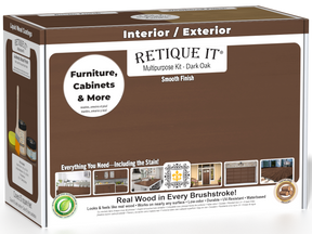 Retique It® Multi-purpose Smooth Finish Kit in Dark Oak for interior top coat, featuring a matte wood finish and application tools.