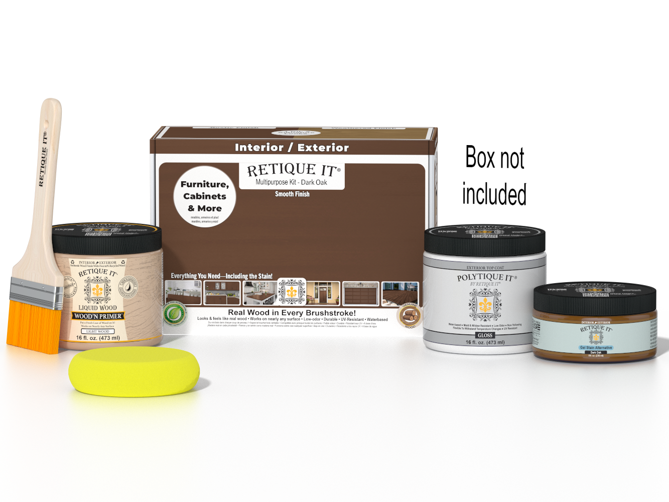 Retique It® Multi-purpose Smooth Finish Kit in Dark Oak for exterior wood projects, includes top coat and application tools.