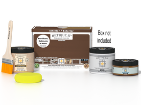 Retique It® Dark Oak Multi-purpose Smooth Finish Kit for exterior wood, includes top coat and application tools.