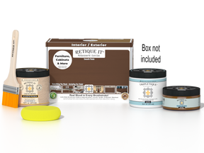 Retique It® Multi-purpose Smooth Finish Kit in Dark Oak for interior wood projects, includes top coat and application tools.
