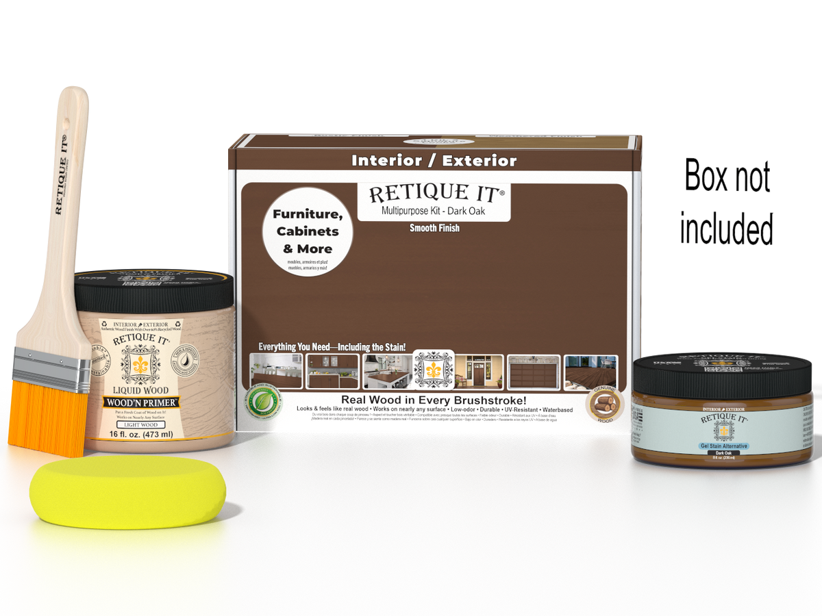 Retique It® Multi-purpose Smooth Finish Kit in Dark Oak for wood finishing, includes application tools and sample wood piece.