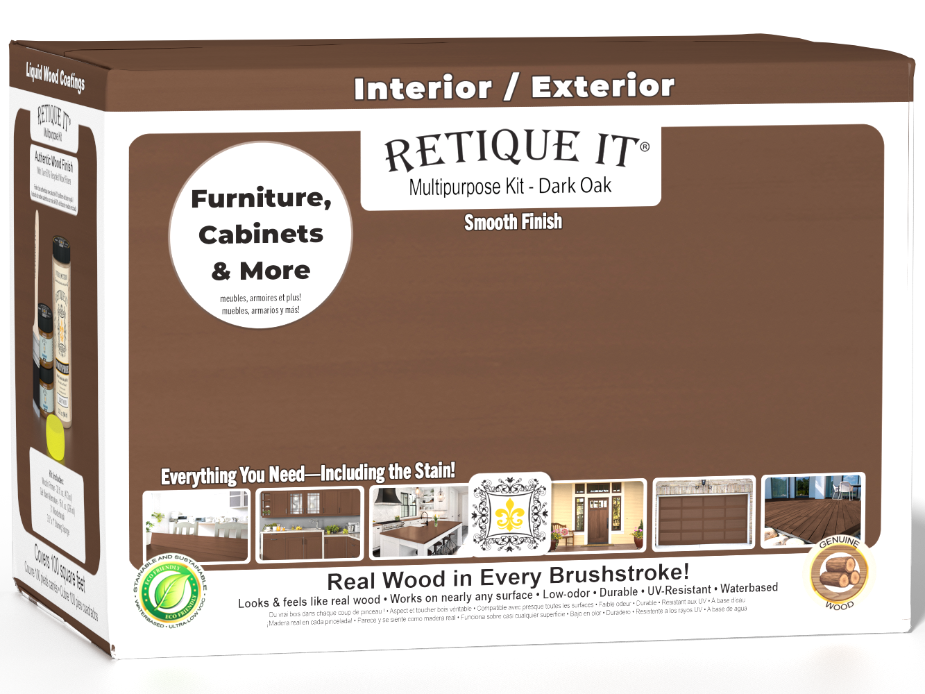 Retique It® Multi-purpose Smooth Finish Kit Large in Dark Oak for exterior top coat, featuring a wood finish box and tools.