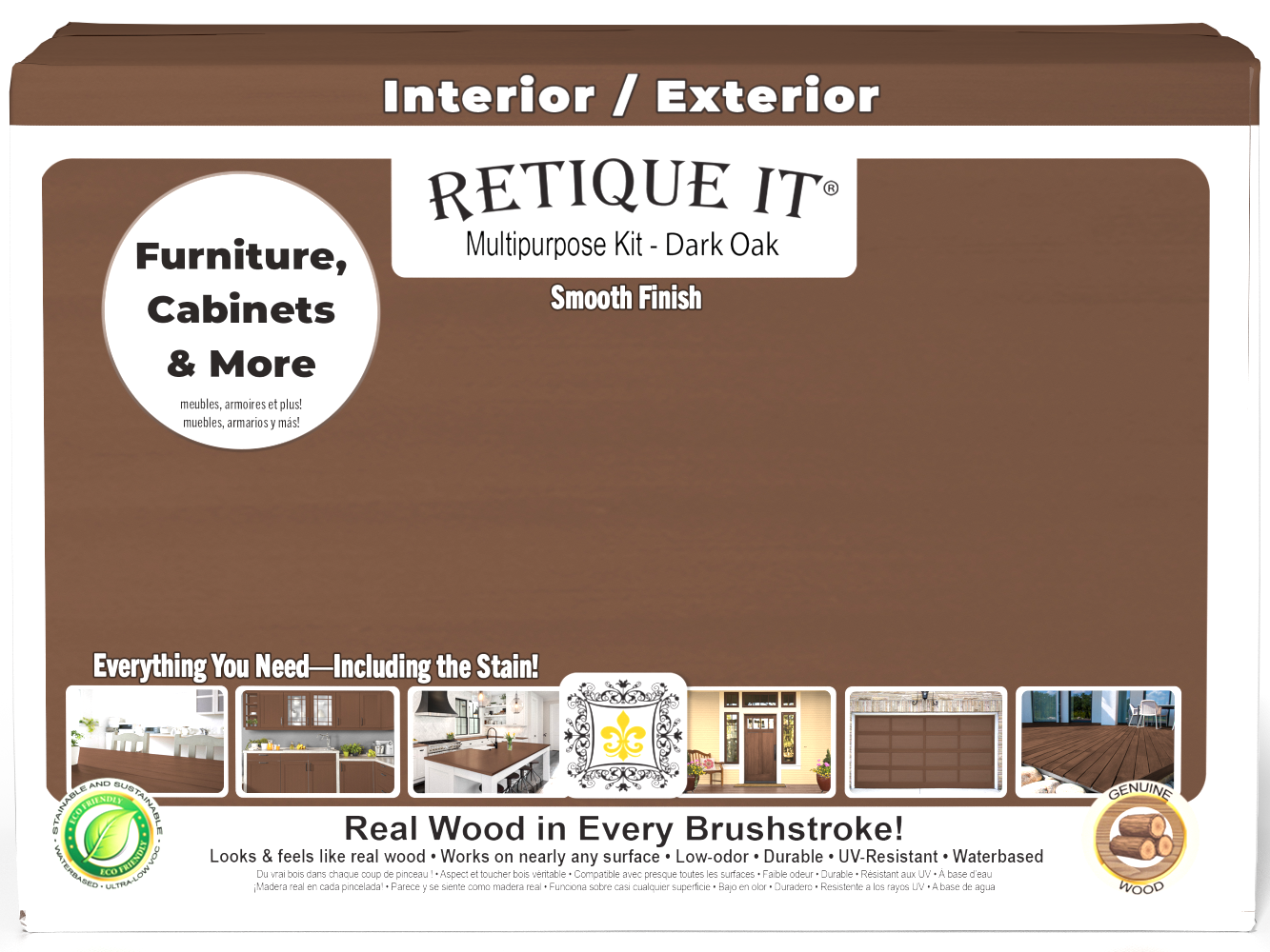Retique It® Multi-purpose Smooth Finish Kit in Dark Oak for interior wood projects, featuring large wood top coat kit with applicator tools.