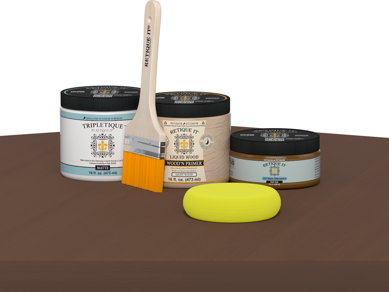 Dark Oak interior top coat from Retique It® Multi-purpose Smooth Finish Kit, shown in matte finish on a wood surface.
