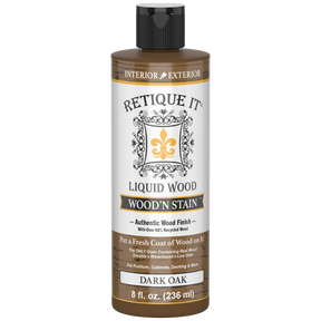 Dark oak wood stain in 8 oz bottle by Retique It Liquid Wood Wood'n Stain, showcasing the deep, rich stain color and packaging.