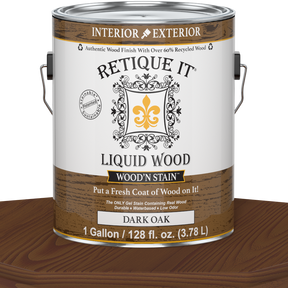 Liquid Wood Wood'n Stain by Retique It in Dark Oak, 128 oz, showcasing the dark oak stain applied to wood surface.