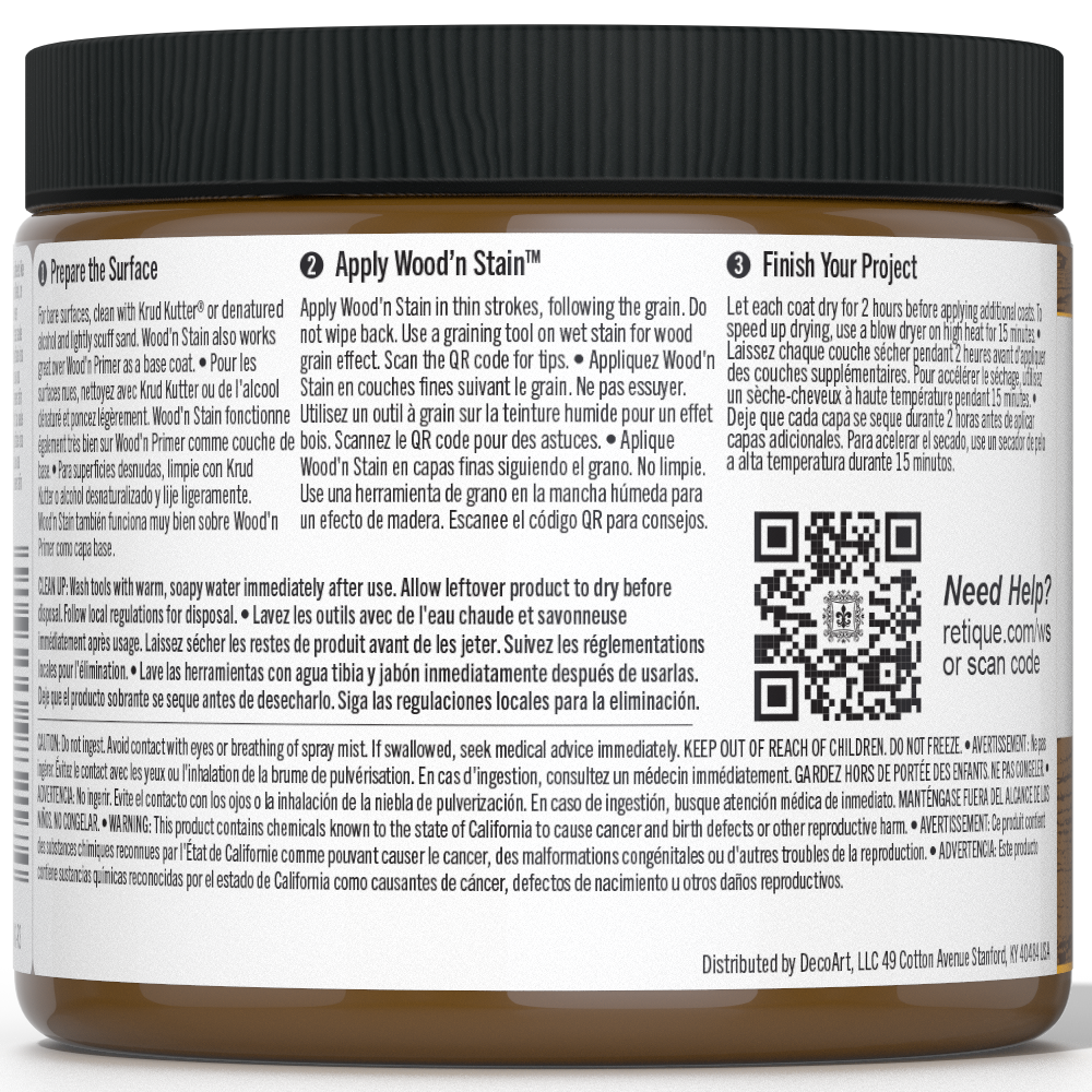 Retique It Liquid Wood Wood'n Stain in Dark Oak, 16 oz bottle, showing rich dark oak wood stain for furniture and projects.