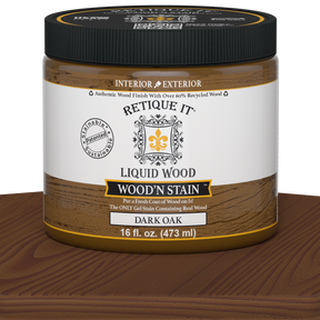 Liquid Wood Wood'n Stain in Dark Oak by Retique It shows a 16 oz container of dark oak stain for wood finishing.