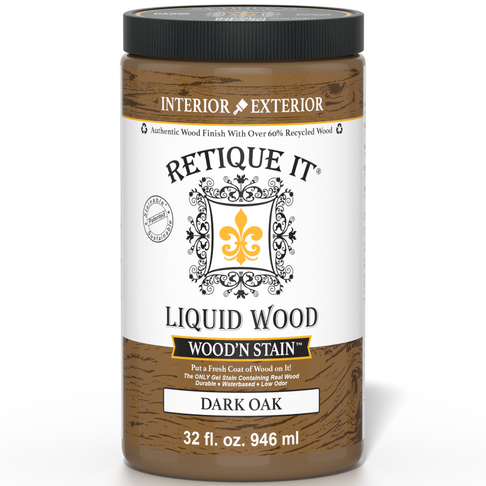 Liquid Wood Wood'n Stain in Dark Oak by Retique It, 32 oz bottle showing the dark oak stain color and product label.