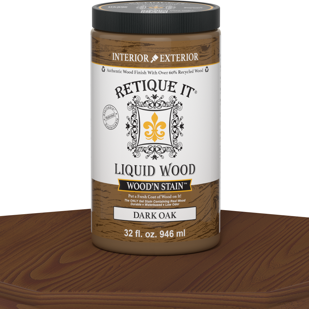 Retique It Liquid Wood Wood'n Stain in Dark Oak, 32 oz bottle, showcasing the rich, deep wood stain color for furniture and decor.