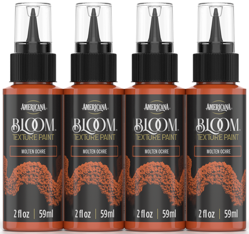 Four bottles of Retique It® Bloom Texture Paint in Molten Ochre, showcasing the textured paint bottles with labels and caps.