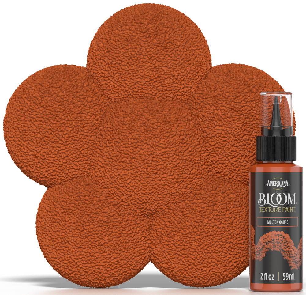 Retique It® Bloom Texture Paint 4-pack in Molten Ochre, showing vibrant yellow-orange textured paint swatches and application.