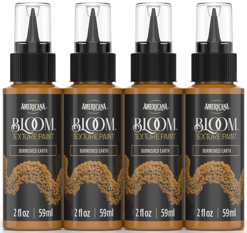 Retique It® Bloom Texture Paint 4pk in Burnished Earth, showcasing textured paint bottles with rustic earthy tones.