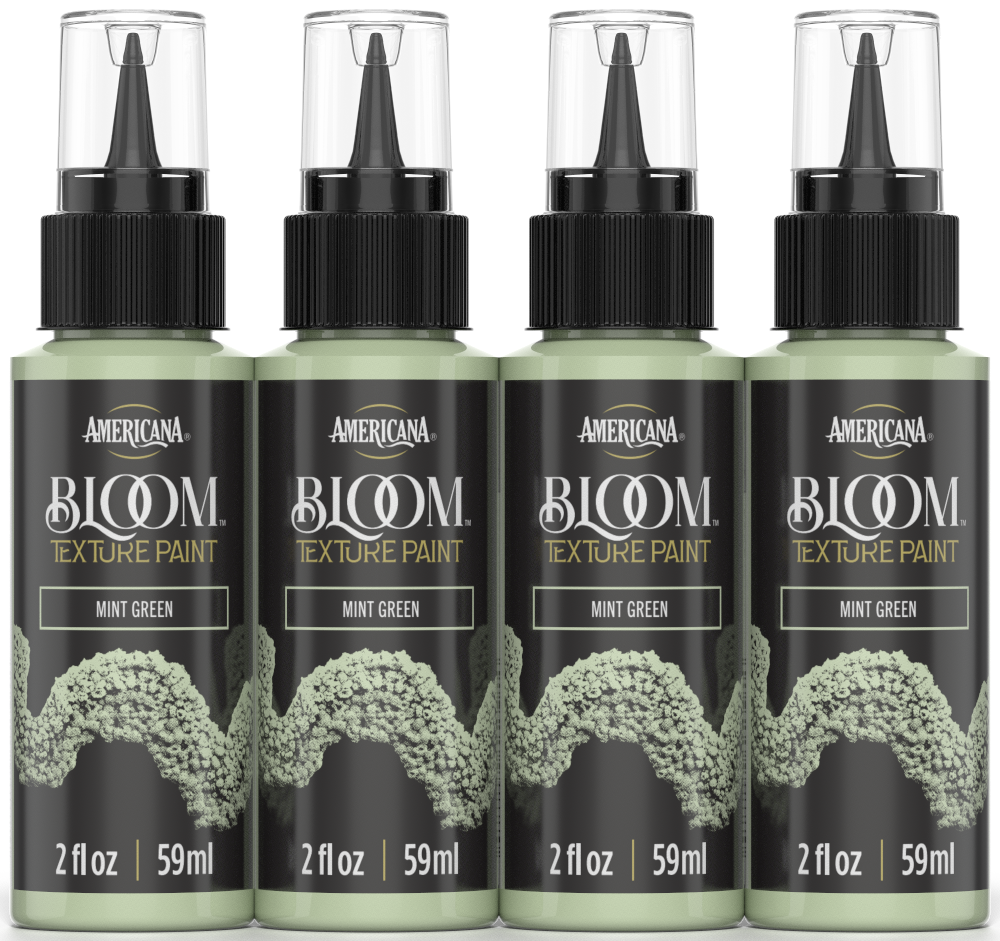 Retique It® Bloom Texture Paint 4-pack in mint green, showcasing textured paint bottles with vibrant green color and product label.