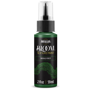 DecoArt Bloom Texture Paint in Emerald Forest color, showcasing a textured paint swatch with a vibrant green and subtle shimmer effect.