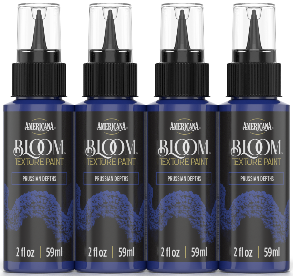 Retique It® Bloom Texture Paint 4-pack in Prussian Depths, showing textured paint containers with deep blue finish and vibrant color.