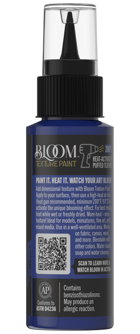 Retique It® Bloom Texture Paint 4-pack in Prussian Depths, showcasing textured blue decorative paint on a wall surface.