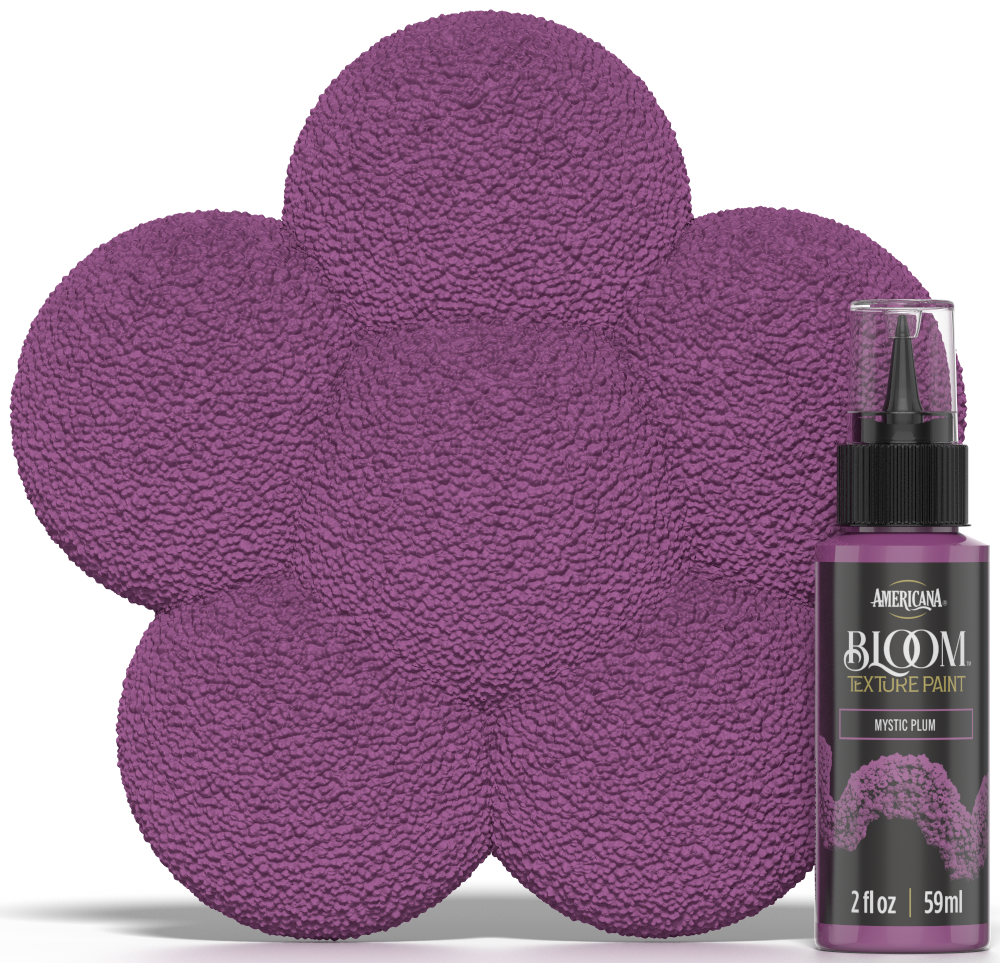 Retique It® Bloom Texture Paint 4-pack in Mystic Plum, showing vibrant textured paint swatches and product packaging.