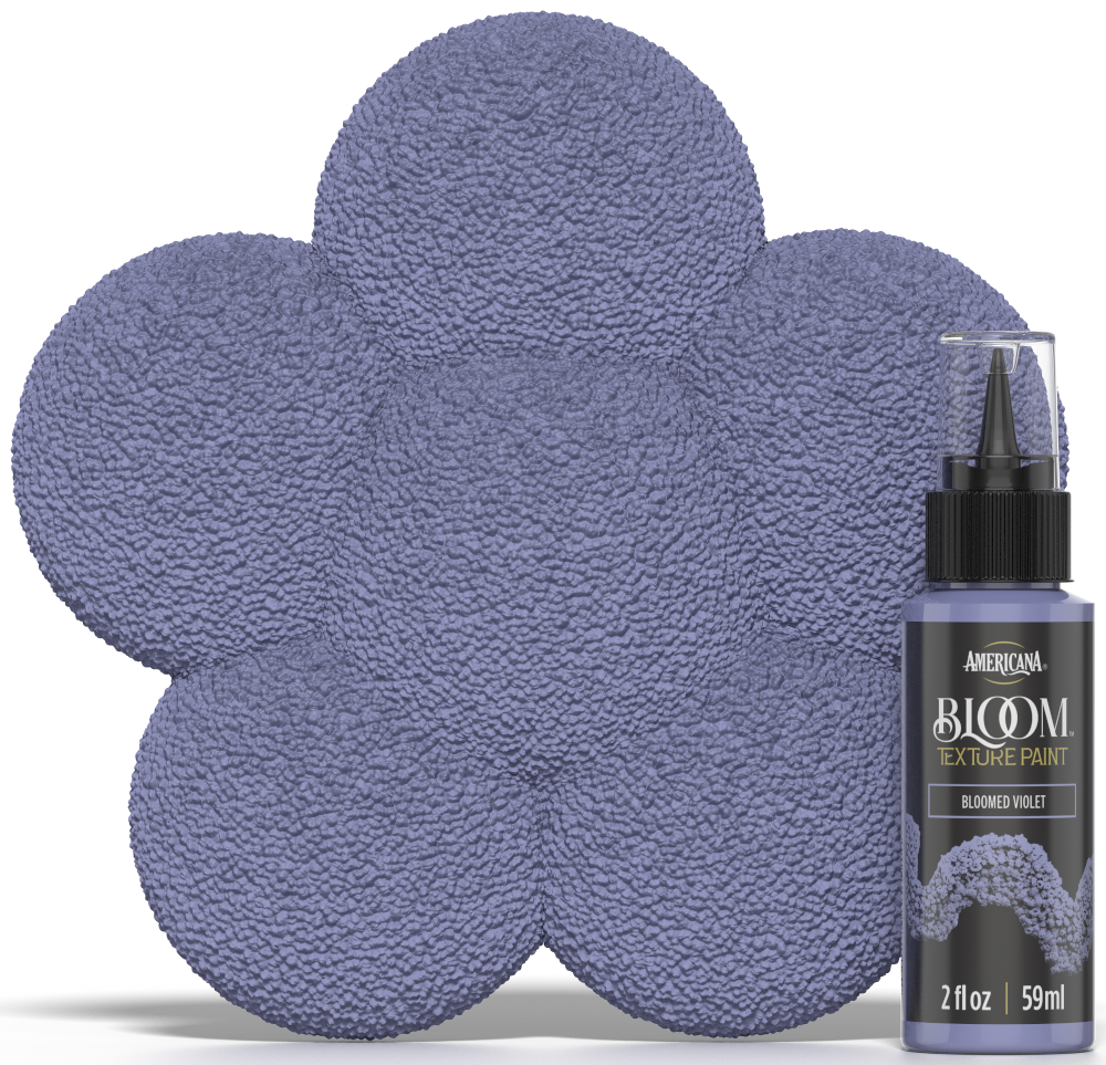 Retique It® Bloom Texture Paint 4-pack in Bloomed Violet, featuring textured violet paint swatches and sample applications.