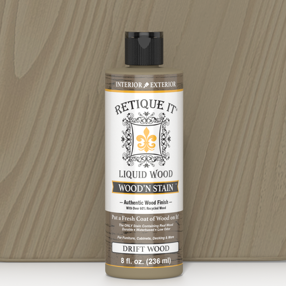 Retique It Liquid Wood Wood'n Stain in Drift Wood color, 8 oz bottle, showcasing the stain's natural wood finish and applicator tip.