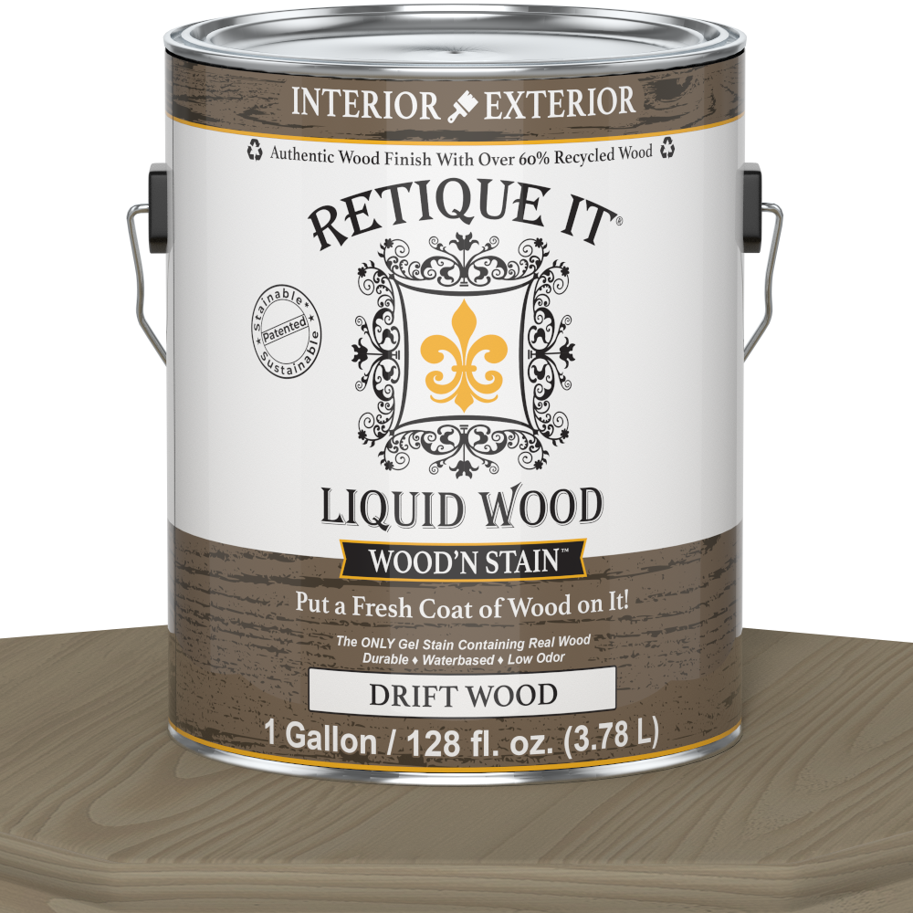 Liquid Wood Wood'n Stain in Drift Wood color by Retique It, 128 oz bottle, showing the stain's natural wood finish and branding.
