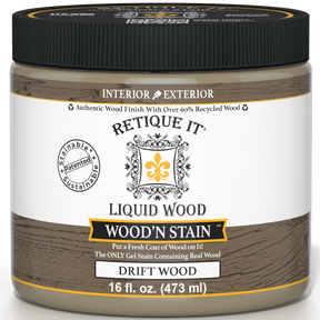 Liquid Wood Wood'n Stain in Drift Wood by Retique It, 16 oz bottle, showcasing the stain's natural wood finish and color.