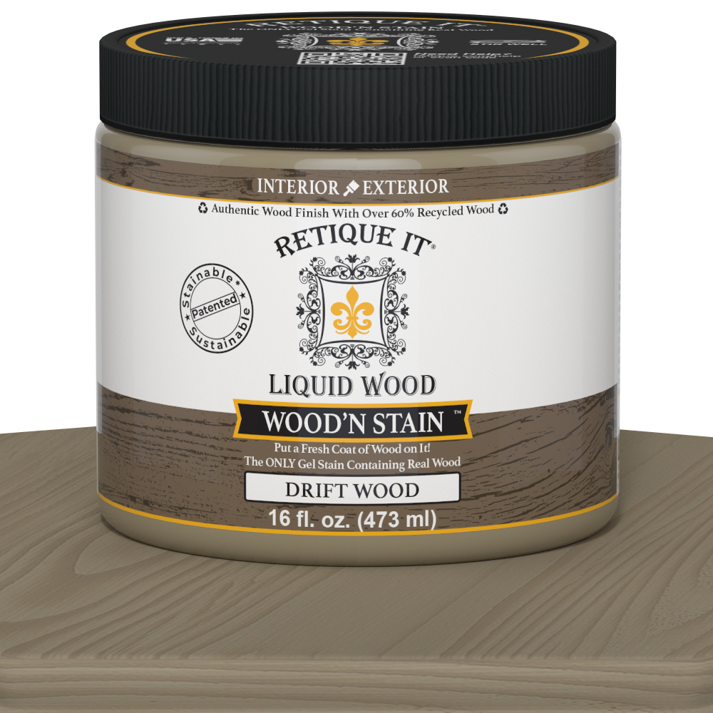 Retique It Liquid Wood Wood'n Stain in Drift Wood, 16 oz, showcasing a wood stain bottle with natural wood finish.