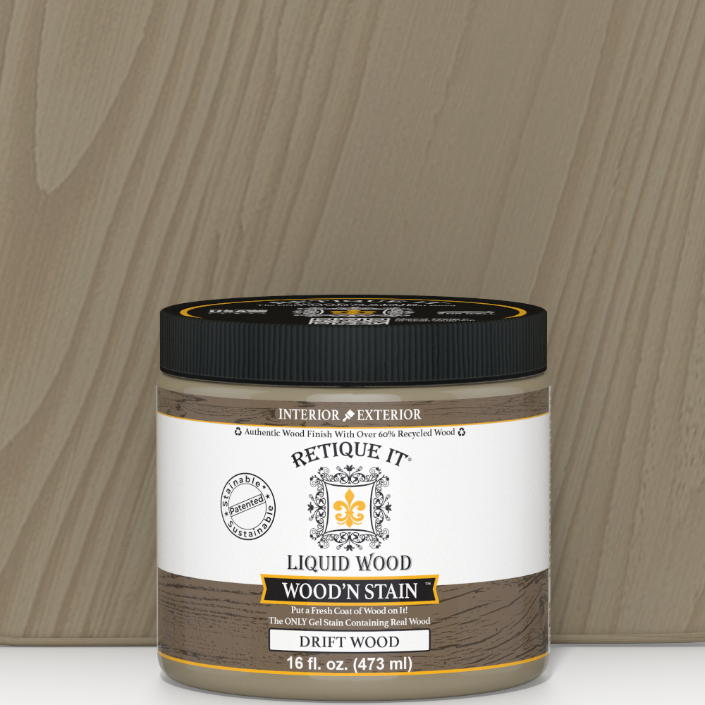 Retique It Liquid Wood Wood'n Stain in Drift Wood, 16 oz, showing a container of stain with wood grain sample on the label.