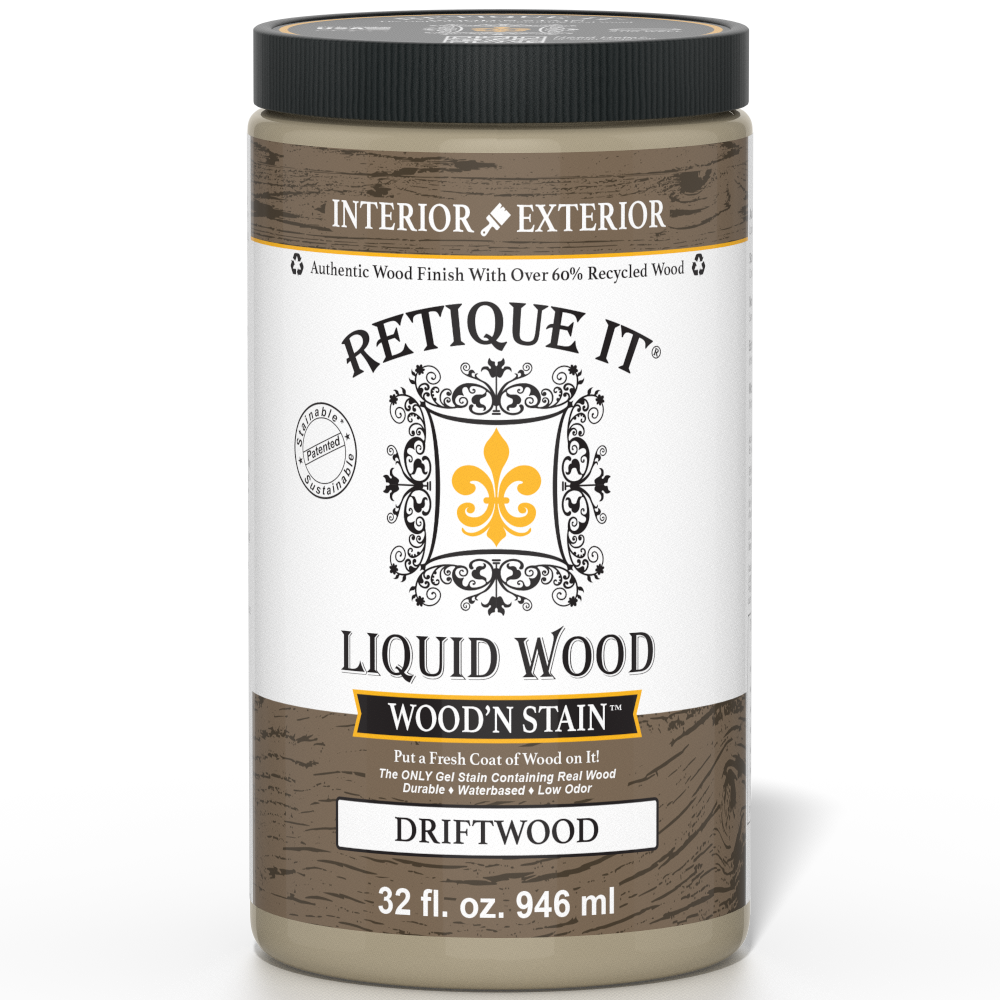 Liquid Wood Wood'n Stain in Drift Wood color by Retique It, 32 oz bottle, showing the stain's natural wood finish.
