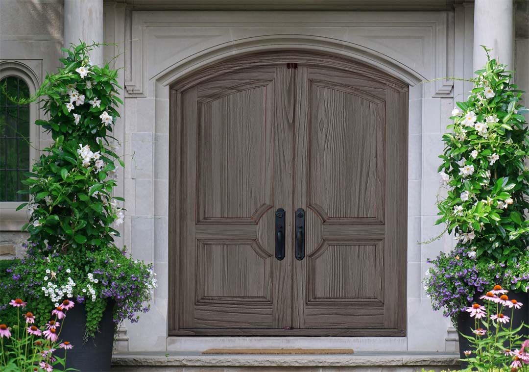 Retique It Wood'n Finish Kit in Harbor Gray for wood furniture and surfaces, shown on a double front door with a grained texture.