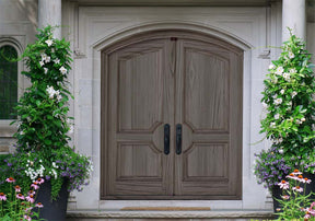 Retique It Wood'n Finish Kit in Harbor Gray for wood furniture and surfaces, shown on a double front door with a grained texture.