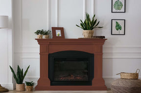 Retique It® Wood'n Finish Kit in Red Mahogany for exterior wood surfaces, shown on a fireplace with textured wood grain.