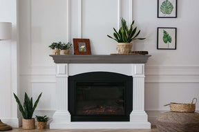 Retique It Wood'n Finish Kit in Harbor Gray, large exterior top coat for wood, shown on a fireplace mantel with a grained finish.
