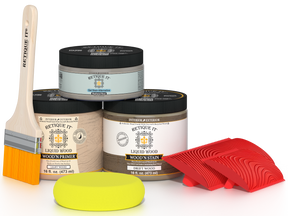 Retique It® Wood'n Finish Kit in Medium for driftwood effect, showing the front view with wood finish and application tools.
