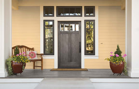 Retique It Wood'n Finish Kit in Harbor Gray for exterior wood surfaces, featuring textured, grained top coat on a front door.
