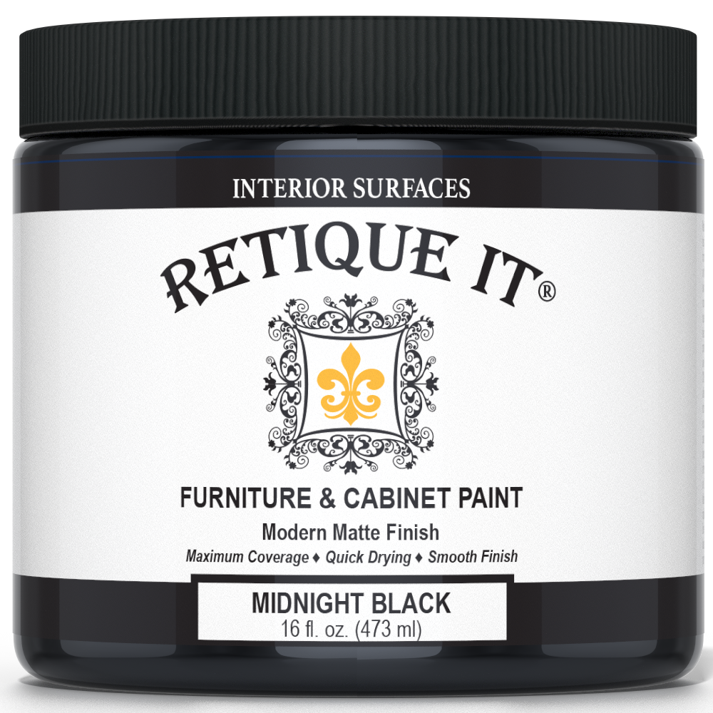 Retique It Furniture & Cabinet Paint in Midnight Black, 16 fl. oz. jar with a black lid and modern matte finish label.